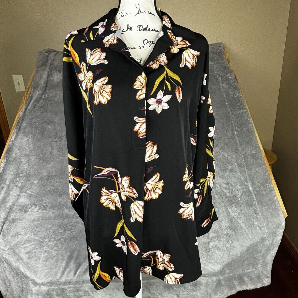 Catherine Malandrino‎ Top Women's 1X Black Rust Floral Multi Color Button Up New